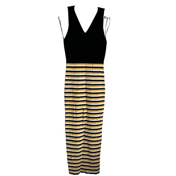 Fashion Nova Yellow & Black Elsie Midi Dress Striped Pattern V-Neck Size L NWT - Picture 2 of 11